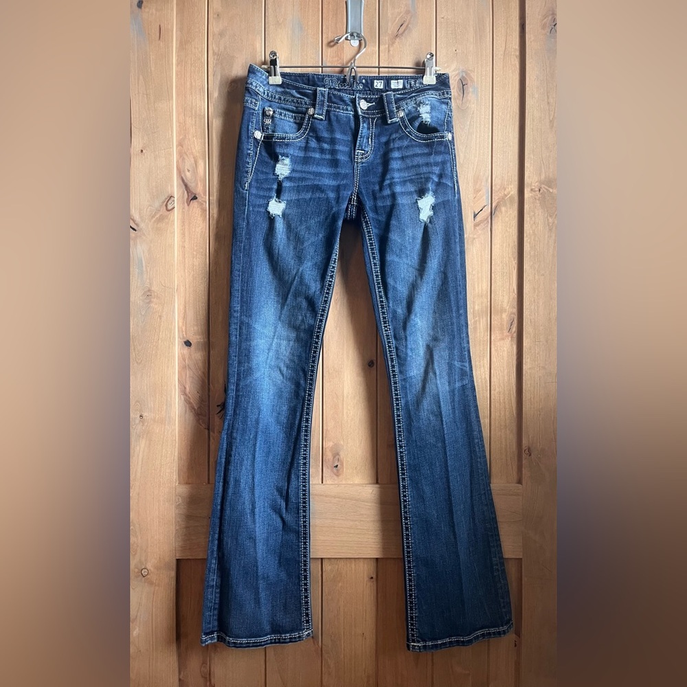 Miss Me Distressed Dark Blue Boot Cut jeans in size 27 Long